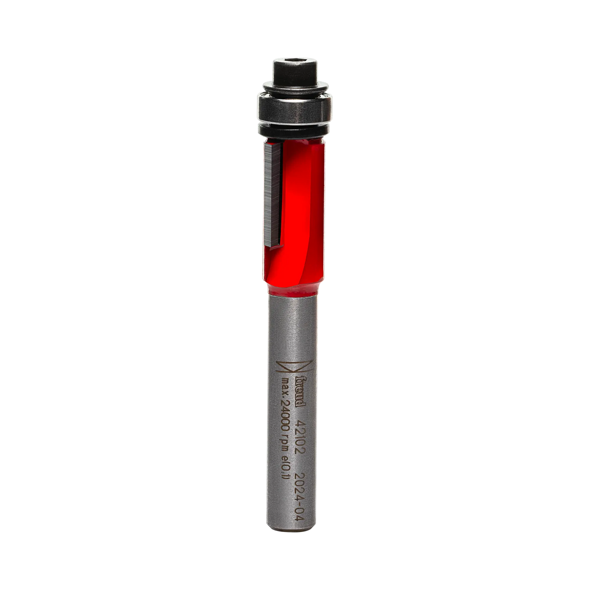 Studio shot of the Freud 42-102 Flush Trim router bit featuring a red Perma-SHIELD body, two straight carbide cutters, 1/4 inch silver shank, and a top-mounted ball bearing pilot.