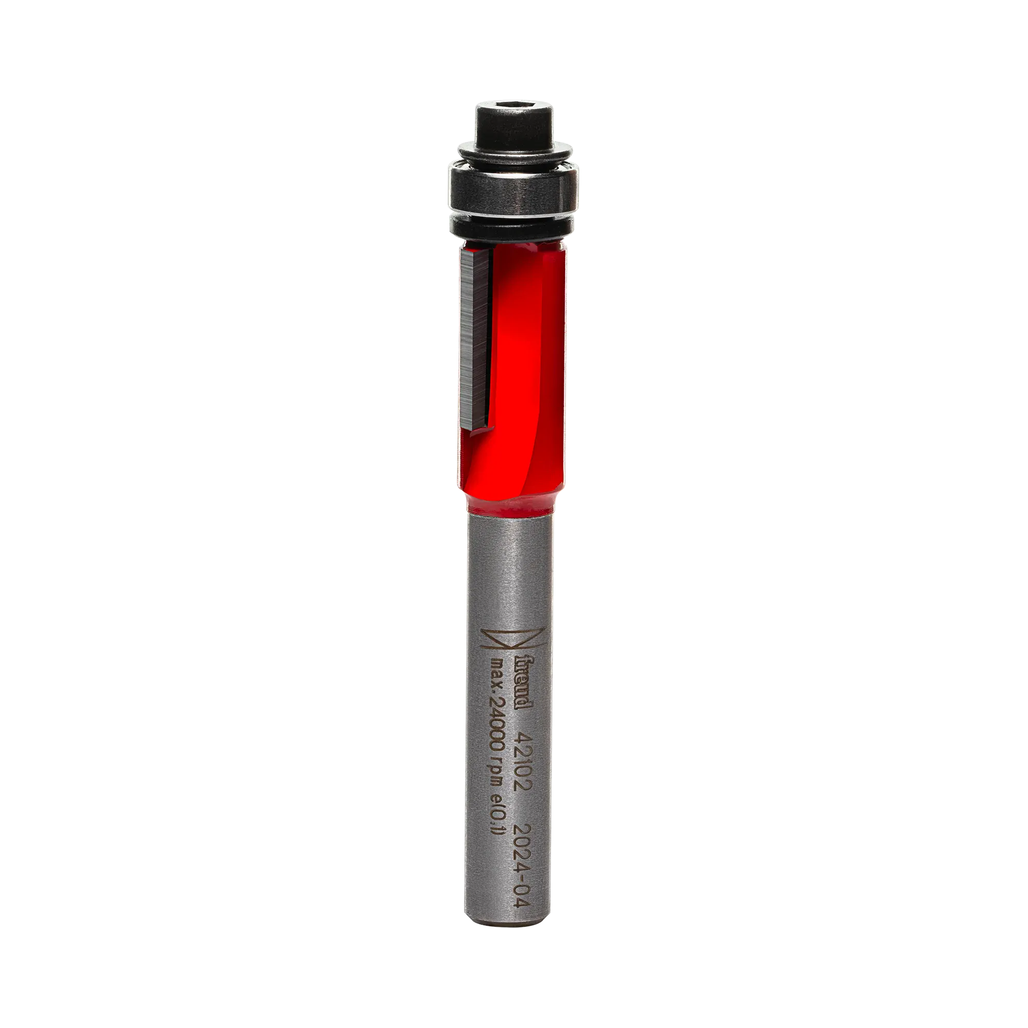 Studio shot of the Freud 42-102 Flush Trim router bit featuring a red Perma-SHIELD body, two straight carbide cutters, 1/4 inch silver shank, and a top-mounted ball bearing pilot.