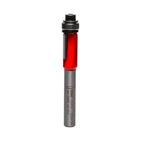 Studio shot of the Freud 42-102 Flush Trim router bit featuring a red Perma-SHIELD body, two straight carbide cutters, 1/4 inch silver shank, and a top-mounted ball bearing pilot.