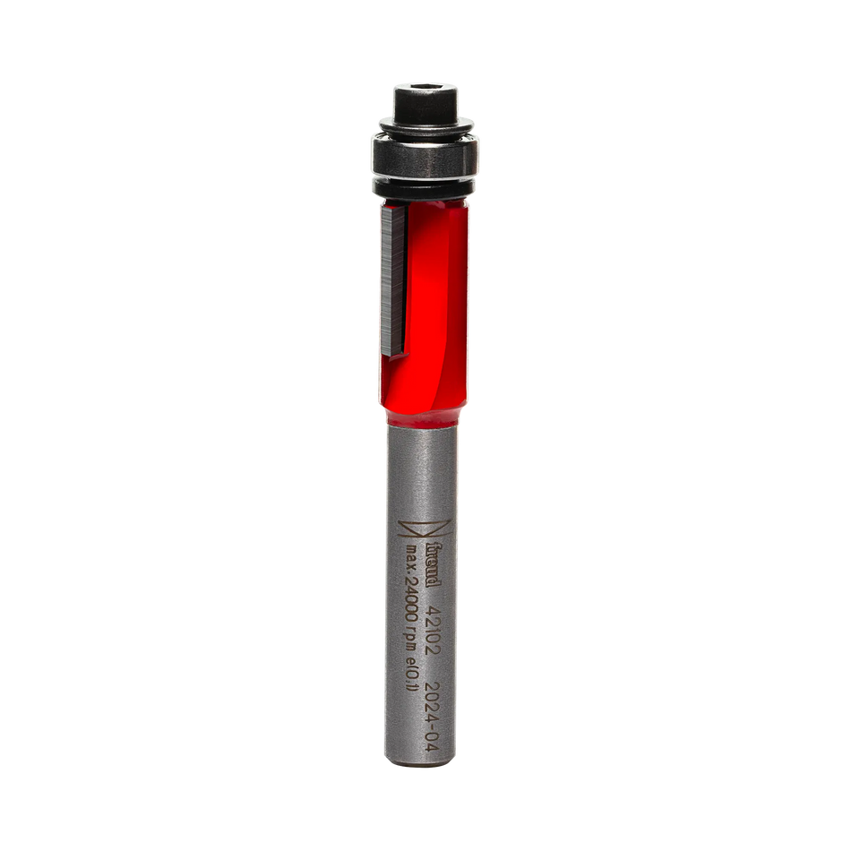 Studio shot of the Freud 42-102 Flush Trim router bit featuring a red Perma-SHIELD body, two straight carbide cutters, 1/4 inch silver shank, and a top-mounted ball bearing pilot.