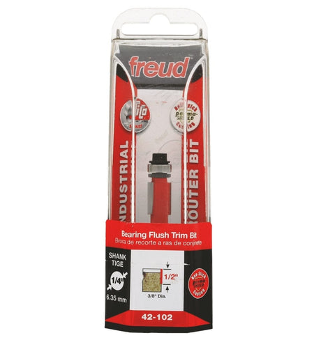 Retail packaging for the Freud 42-102 Industrial Router Bit, displaying the bit inside a plastic case with text indicating a Bearing Flush Trim profile, 3/8 inch diameter, and 1/2 inch cut length.