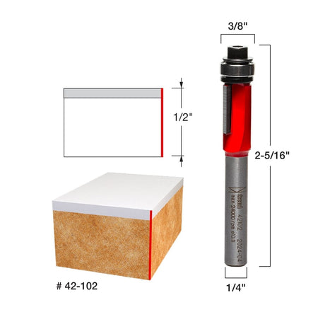 Technical profile diagram of the Freud 42-102 bit, illustrating the dimensions with a 3/8 inch bearing diameter, 1/2 inch carbide height, 2-5/16 inch overall length, and 1/4 inch shank.