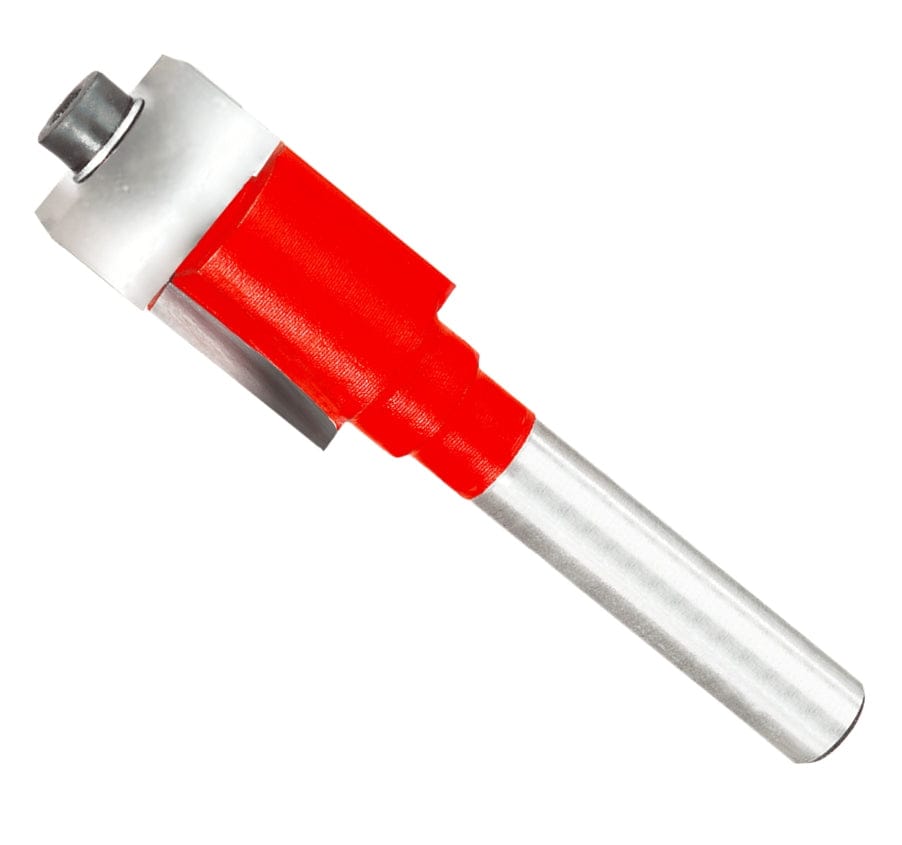 Studio shot of the Freud 42-106 Flush Trim router bit featuring a red Perma-SHIELD body, two carbide flutes, 1/4 inch silver shank, and top ball bearing pilot.