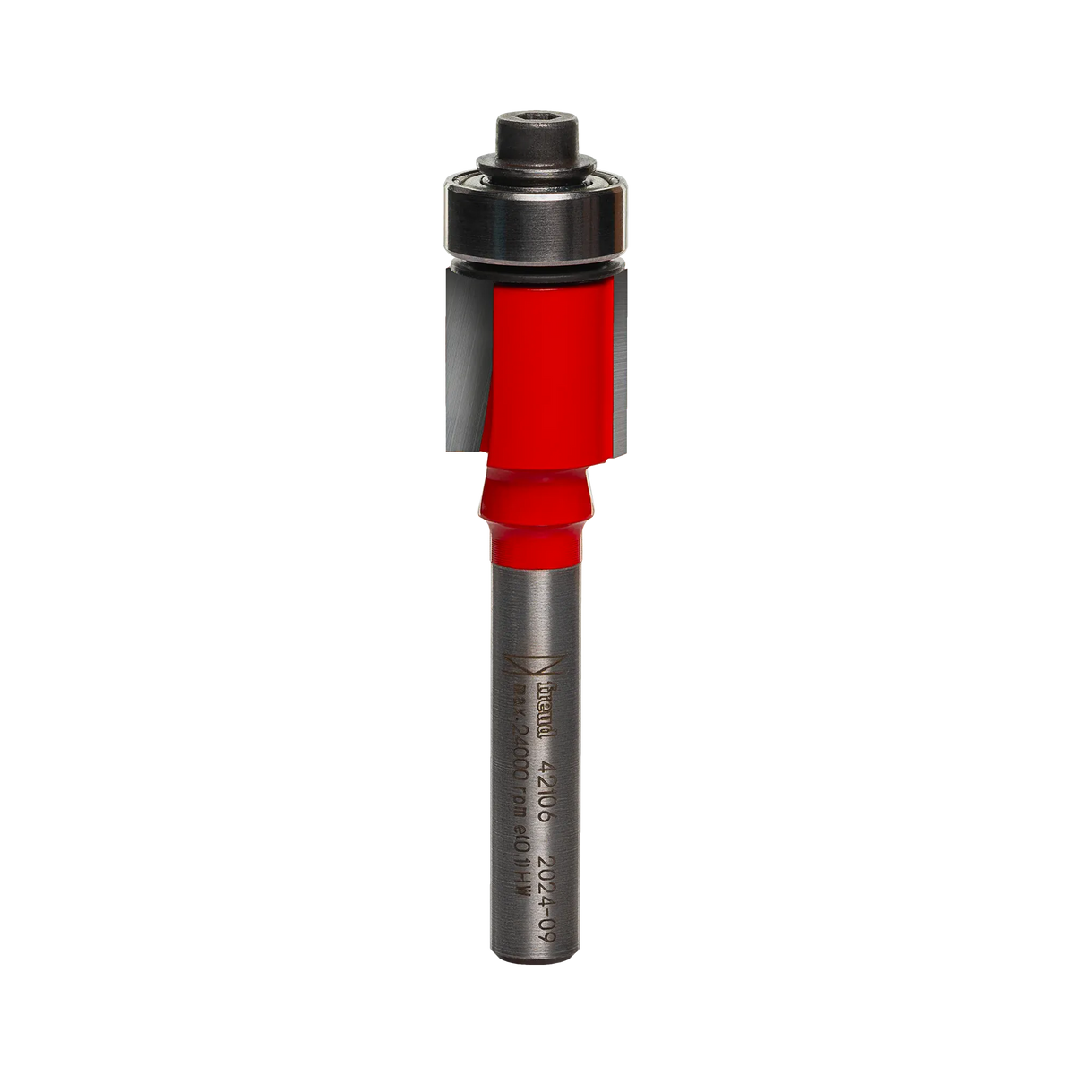 Studio shot of the Freud 42-106 Flush Trim router bit featuring a red Perma-SHIELD body, two carbide flutes, 1/4 inch silver shank, and top ball bearing pilot.