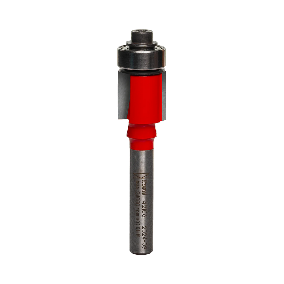 Studio shot of the Freud 42-106 Flush Trim router bit featuring a red Perma-SHIELD body, two carbide flutes, 1/4 inch silver shank, and top ball bearing pilot.