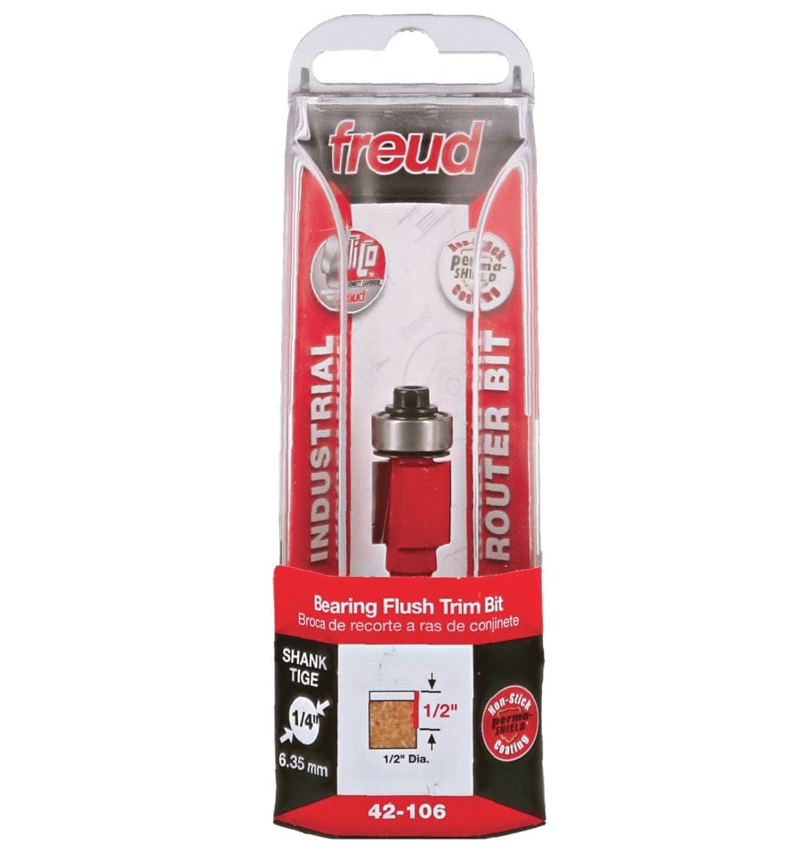 Retail packaging for the Freud 42-106 router bit showing the tool behind clear plastic with specifications including 1/2 inch diameter and 1/4 inch shank.
