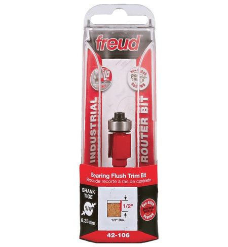 Retail packaging for the Freud 42-106 router bit showing the tool behind clear plastic with specifications including 1/2 inch diameter and 1/4 inch shank.