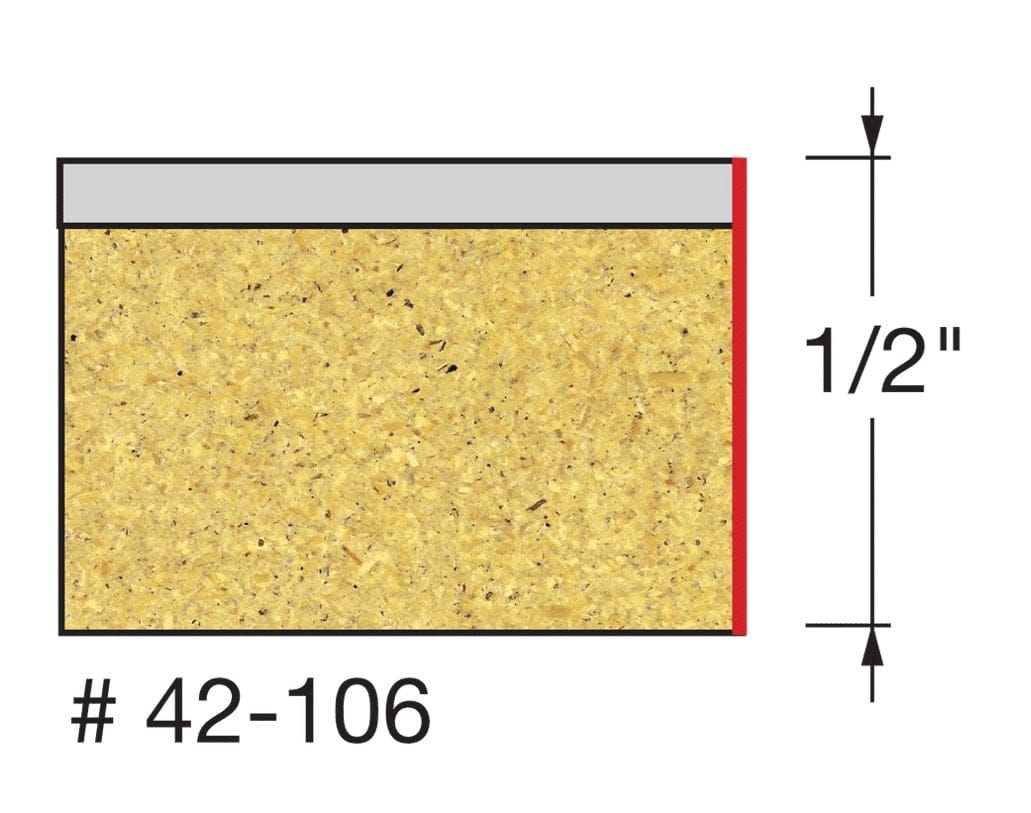 Technical profile diagram illustrating the straight flush trim cut on a laminate edge by the Freud 42-106 bit, specifying a 1/2 inch cutting height.