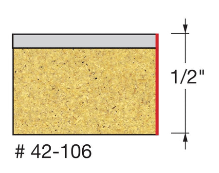 Technical profile diagram illustrating the straight flush trim cut on a laminate edge by the Freud 42-106 bit, specifying a 1/2 inch cutting height.