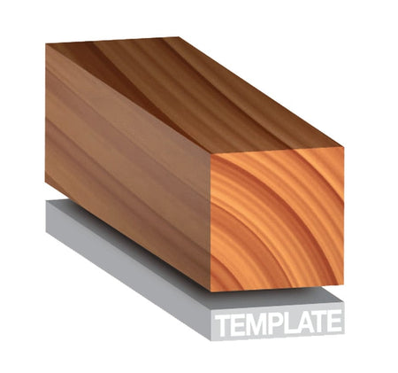 3D illustration demonstrating pattern routing where a wooden workpiece is trimmed to exactly match the shape of a template guide placed below it.
