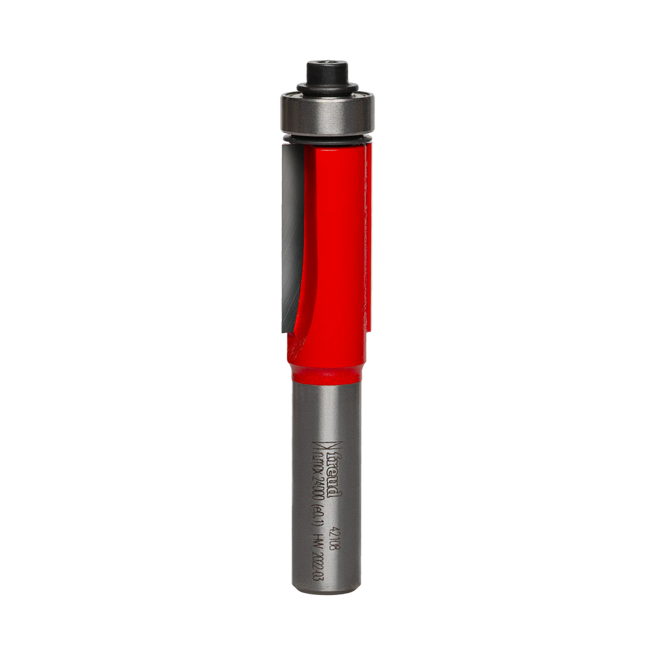 Studio shot of the Freud 42-108 Flush Trim router bit featuring a red Perma-SHIELD body, two carbide flutes, 3/8 inch silver shank, and top ball bearing pilot.