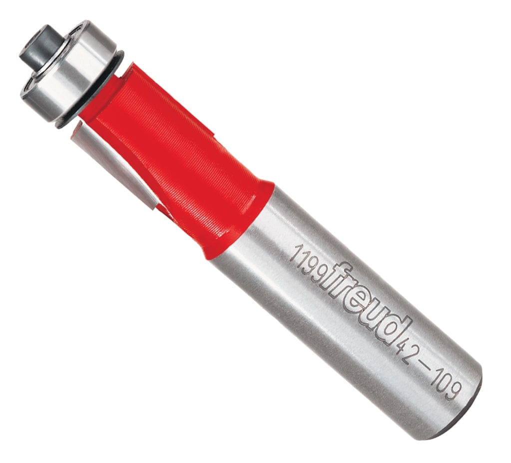 Studio shot of the Freud 42-109 Flush Trim router bit featuring a red Perma-SHIELD body, two carbide flutes, 1/2 inch silver shank, and top ball bearing pilot.