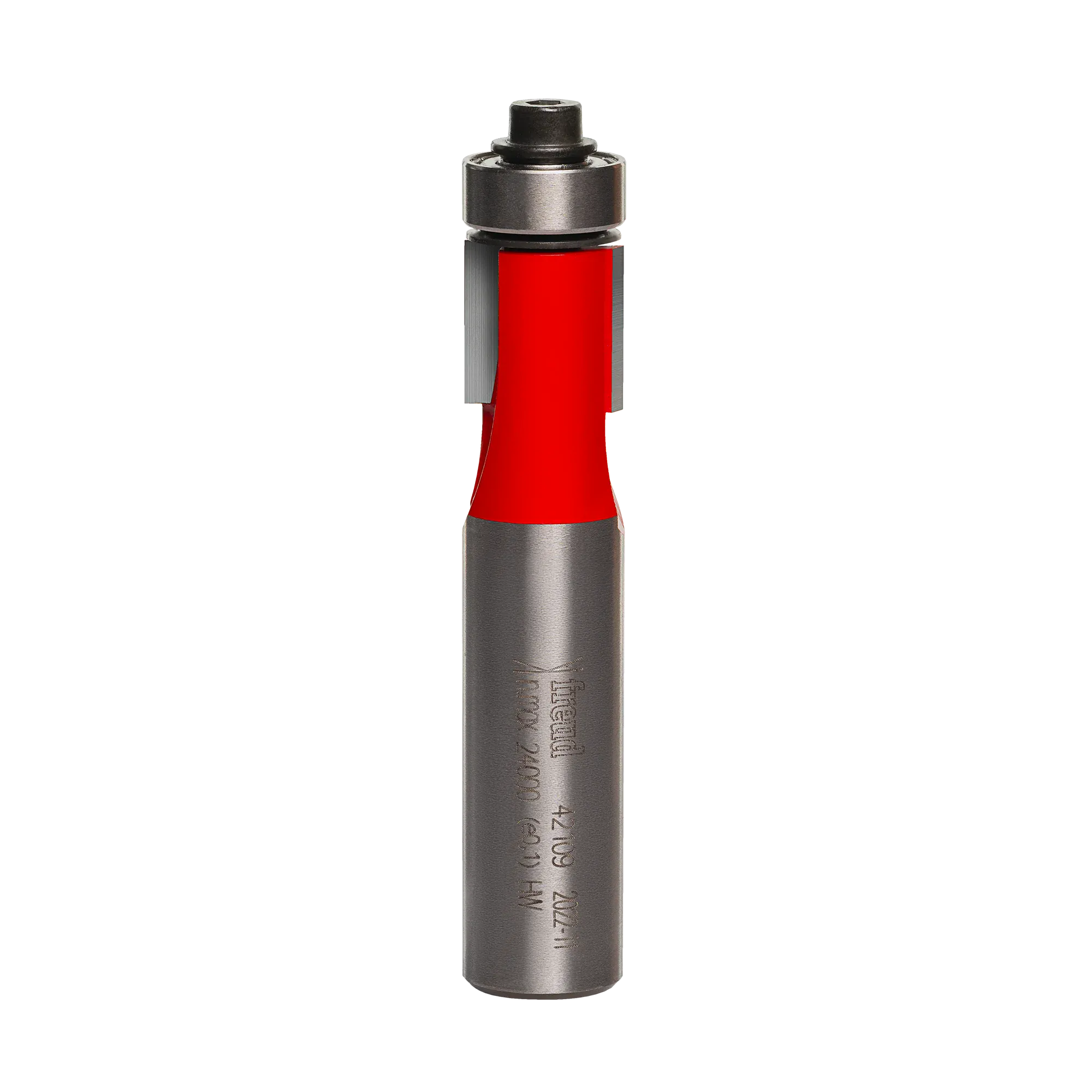 Studio shot of the Freud 42-109 Flush Trim router bit featuring a red Perma-SHIELD body, two carbide flutes, 1/2 inch silver shank, and top ball bearing pilot.