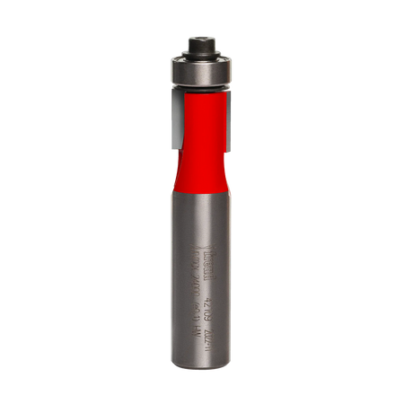 Studio shot of the Freud 42-109 Flush Trim router bit featuring a red Perma-SHIELD body, two carbide flutes, 1/2 inch silver shank, and top ball bearing pilot.