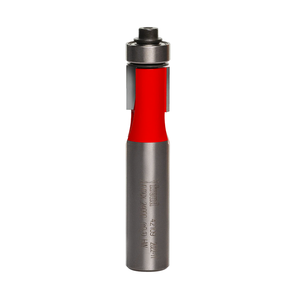 Studio shot of the Freud 42-109 Flush Trim router bit featuring a red Perma-SHIELD body, two carbide flutes, 1/2 inch silver shank, and top ball bearing pilot.