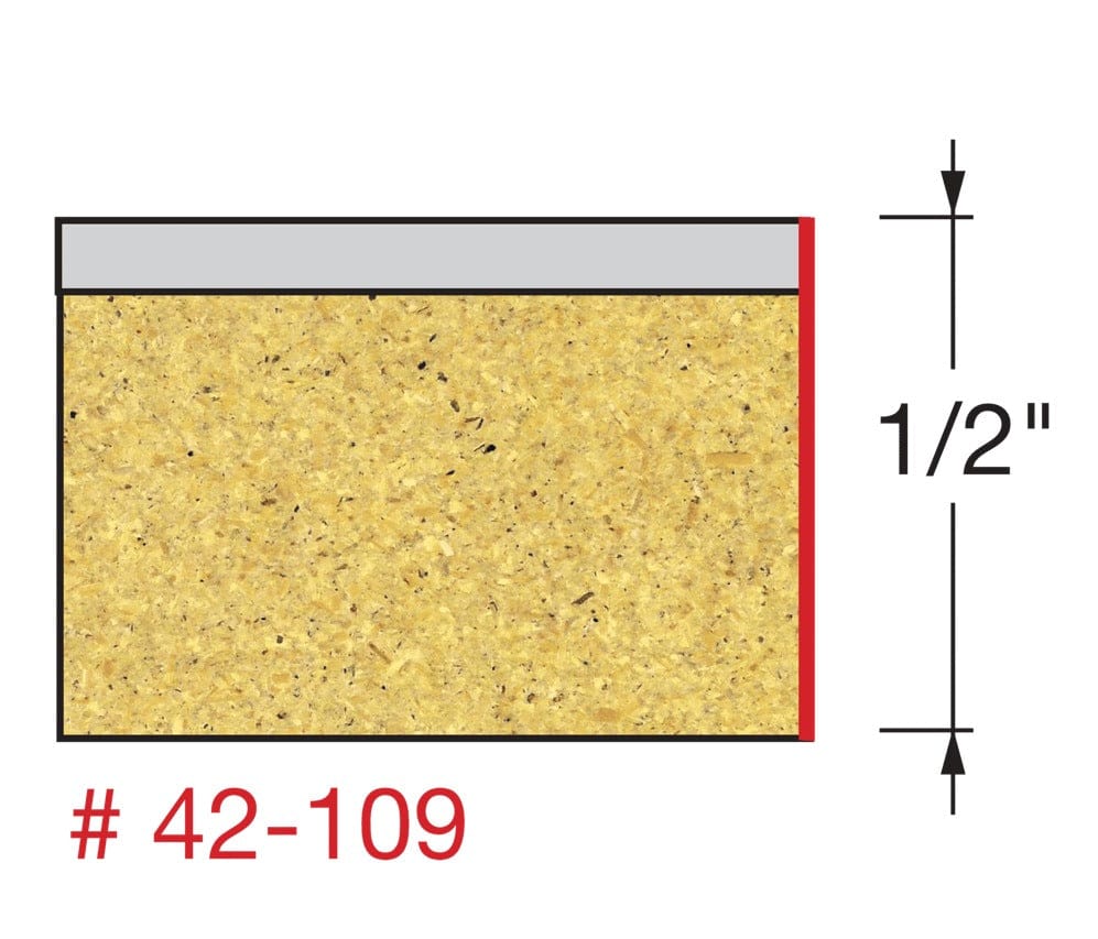 Technical profile diagram illustrating the straight flush trim cut on a laminate edge by the Freud 42-109 bit, specifying a 1/2 inch cutting height.