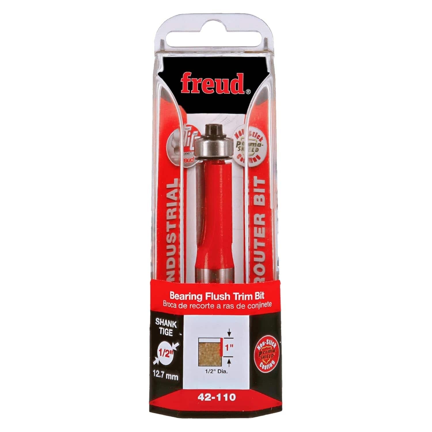 Freud 42-110 1/2 inch bearing flush trim router bit in its protective retail hanging pack, detailing the 1 inch carbide height and 1/2 inch shank diameter.