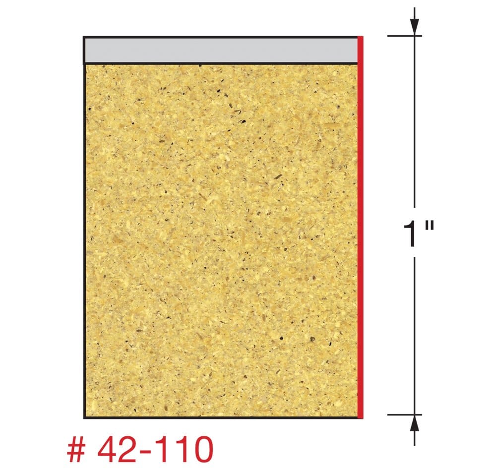 Technical diagram showing a wood composite block with a red line indicating a precise 1 inch flush trim cut corresponding to the Freud 42-110 bit specifications.