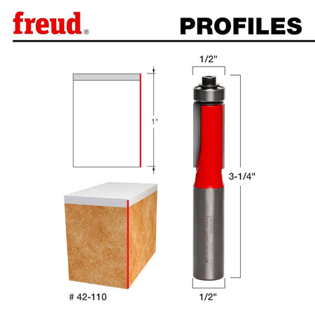 Freud 42-110 profile graphic showing the 1/2 inch diameter, 1 inch cutting height, and 3-1/4 inch overall length next to an illustrated flush trim application.