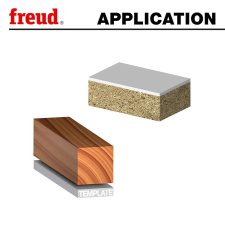 Application graphic showing the Freud 42-110 being used for laminate trimming on a countertop and template routing on a solid wood block.