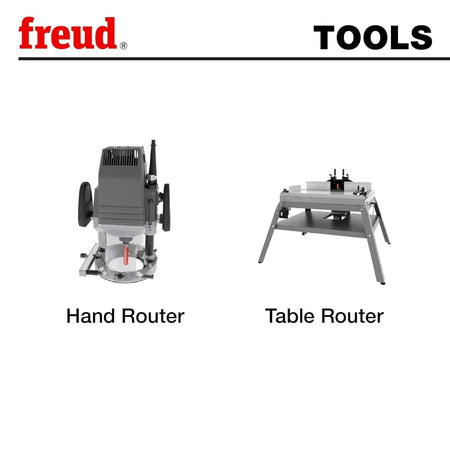 Equipment compatibility chart showing the Freud 42-110 router bit is designed for use with both hand routers and table routers.