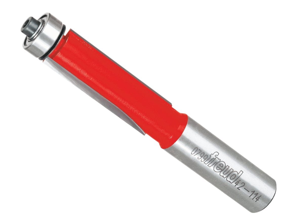 Studio shot of the Freud 42-114 Flush Trim router bit featuring a red Perma-SHIELD body, two carbide flutes, 1/2 inch silver shank, and top ball bearing pilot.