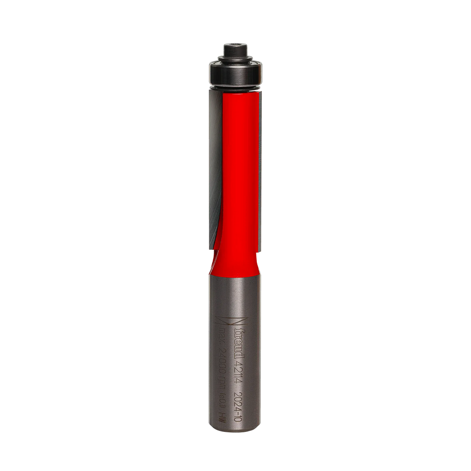 Studio shot of the Freud 42-114 Flush Trim router bit featuring a red Perma-SHIELD body, two carbide flutes, 1/2 inch silver shank, and top ball bearing pilot.