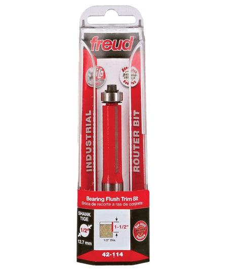 Retail packaging for the Freud 42-114 router bit showing the tool behind clear plastic with specifications including 1/2 inch diameter and 1/2 inch shank.