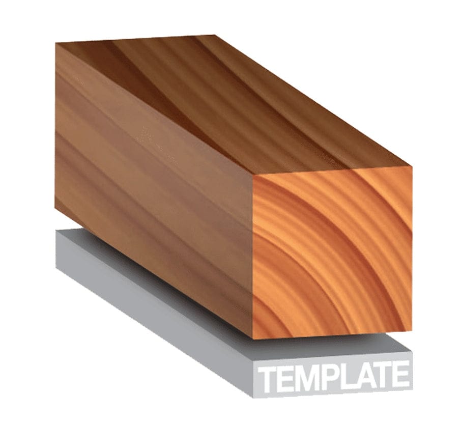 3D illustration demonstrating pattern routing where a wooden workpiece is trimmed to exactly match the shape of a template guide placed below it.