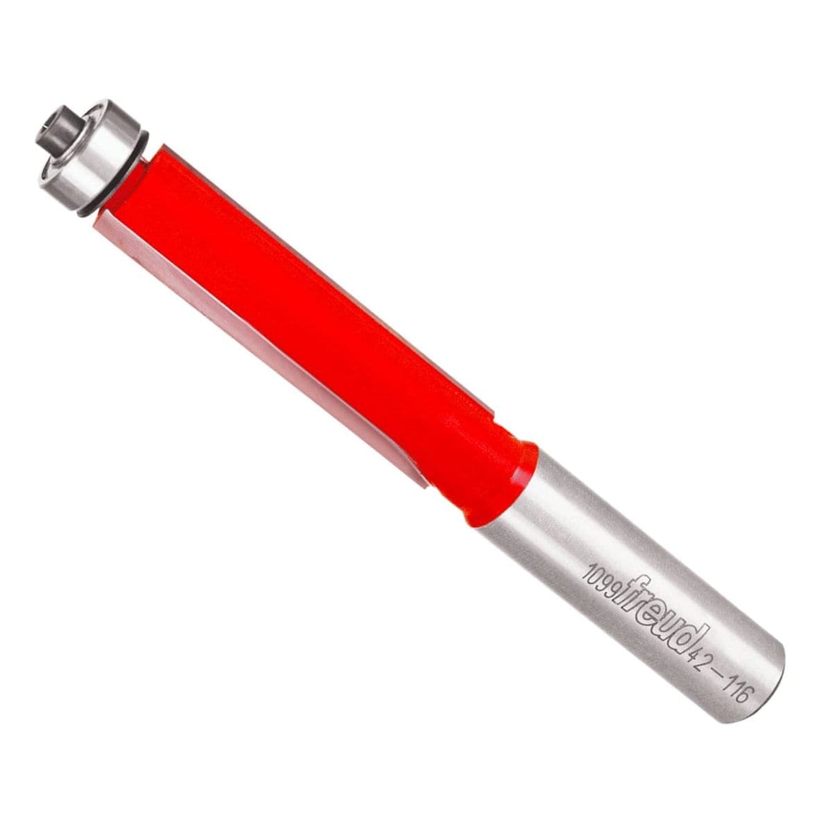 Studio shot of the Freud 42-116 Flush Trim router bit featuring a red Perma-SHIELD body, two carbide flutes, 1/2 inch silver shank, and top ball bearing pilot.