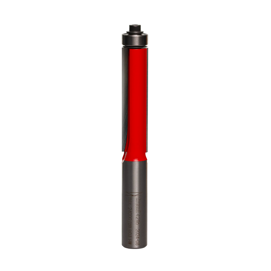 Studio shot of the Freud 42-116 Flush Trim router bit featuring a red Perma-SHIELD body, two carbide flutes, 1/2 inch silver shank, and top ball bearing pilot.