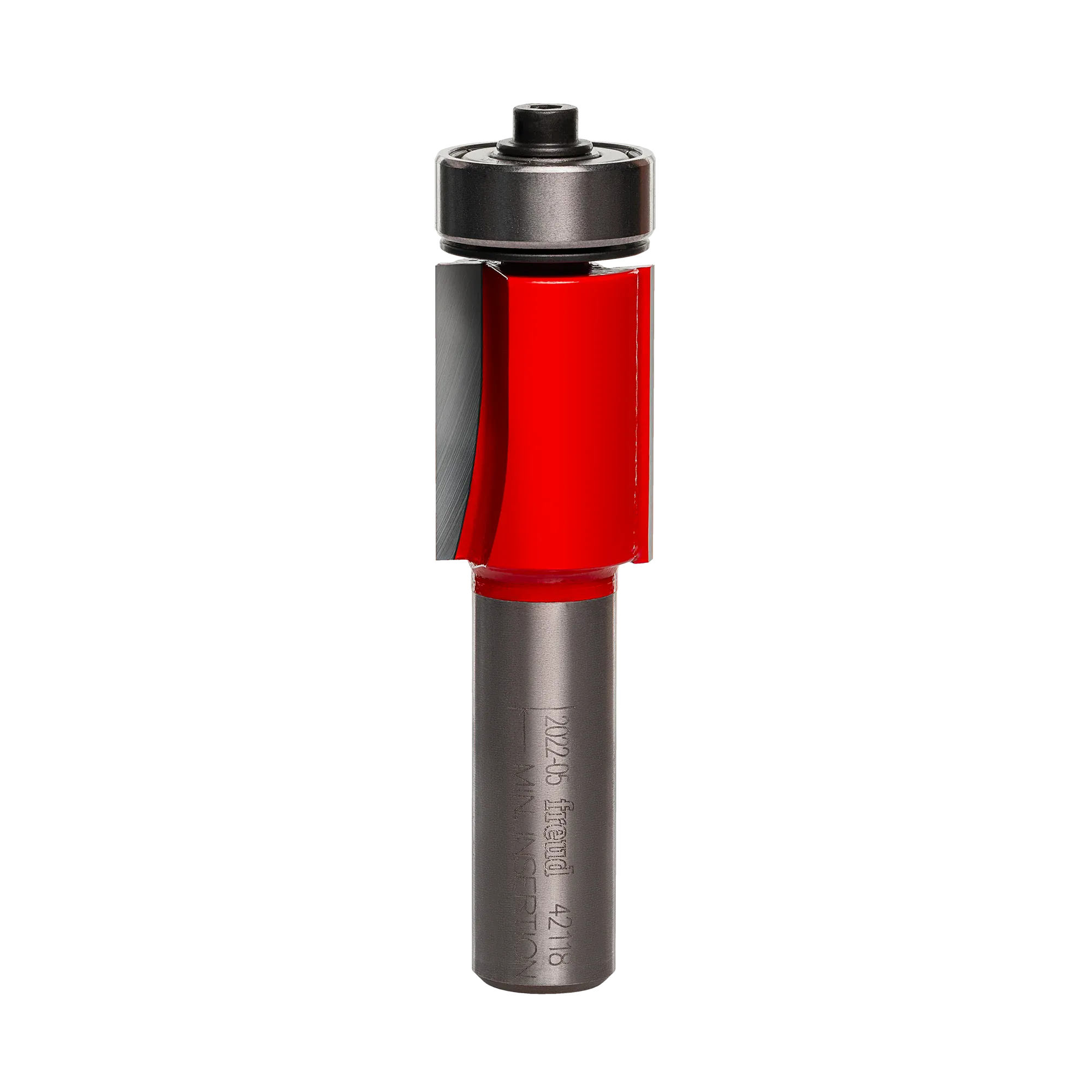 Studio shot of the Freud 42-118 Flush Trim router bit featuring a red Perma-SHIELD body, two carbide flutes, 1/2 inch silver shank, and top ball bearing pilot.