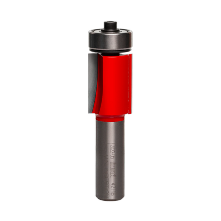 Studio shot of the Freud 42-118 Flush Trim router bit featuring a red Perma-SHIELD body, two carbide flutes, 1/2 inch silver shank, and top ball bearing pilot.