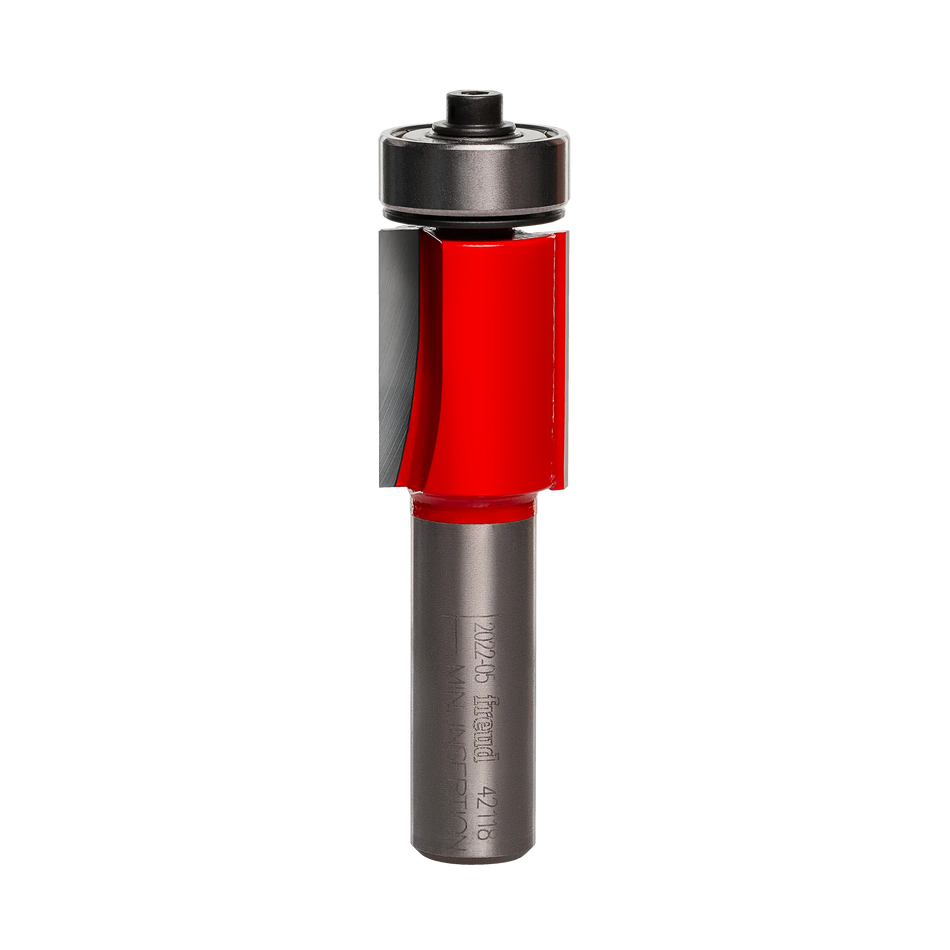 Studio shot of the Freud 42-118 Flush Trim router bit featuring a red Perma-SHIELD body, two carbide flutes, 1/2 inch silver shank, and top ball bearing pilot.