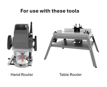 Diagram showing hand router and table router labeled as compatible tools for flush trim bit applications