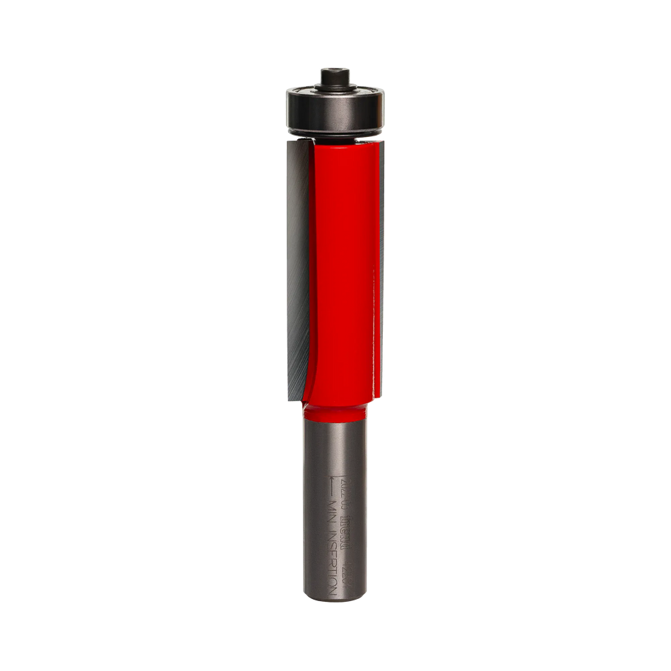 Side view of the Freud 42-204 downshear helix flush trim bit showcasing the red Perma-SHIELD coating and precision-ground TiCo carbide tipped cutting edges.