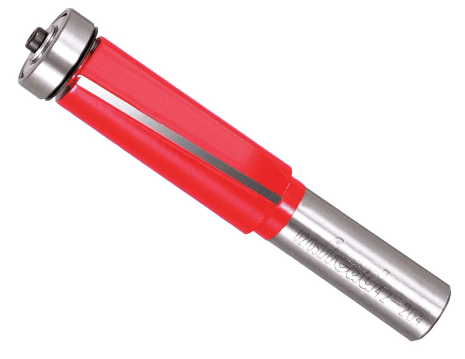 Freud 42-204 heavy-duty downshear helix flush trim router bit with a 3/4-inch diameter, 1/2-inch shank, and top-mounted ball bearing for template woodworking.