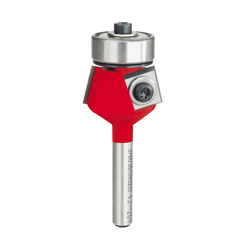 A professional studio shot of the Freud 43-216 15/16 inch carbide-tipped insert bevel trim router bit on a white background, featuring a 1/4 inch shank, signature red non-stick coating, and a 4-sided replaceable carbide knife with a top pilot bearing for precision laminate trimming and woodworking.