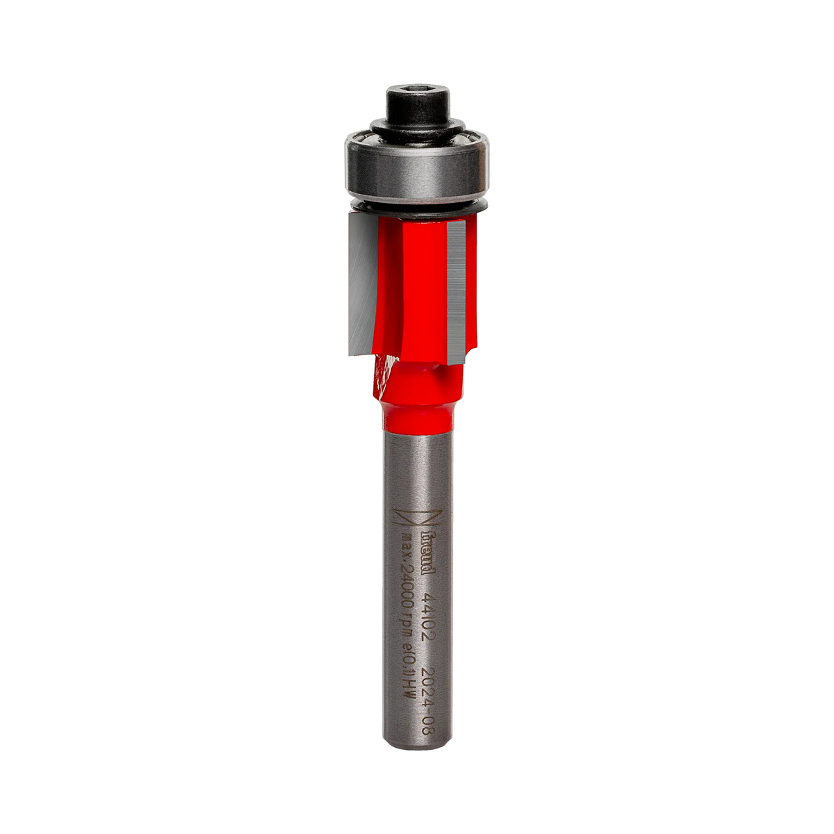 Studio shot of the Freud 44-102 Flush Trim router bit featuring a red Perma-SHIELD body, three carbide flutes, 1/4 inch silver shank, and top ball bearing pilot.