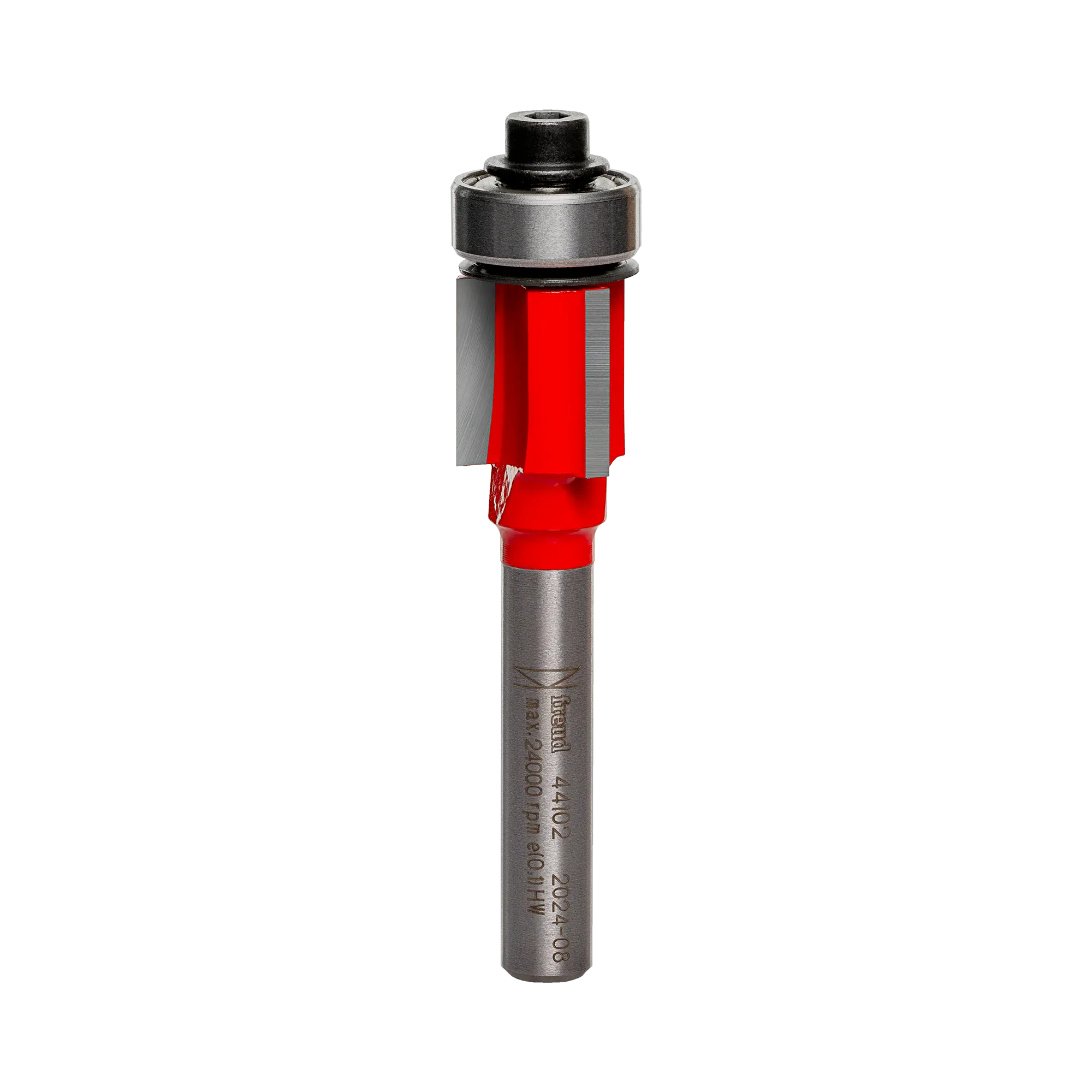 Studio shot of the Freud 44-102 Flush Trim router bit featuring a red Perma-SHIELD body, three carbide flutes, 1/4 inch silver shank, and top ball bearing pilot.