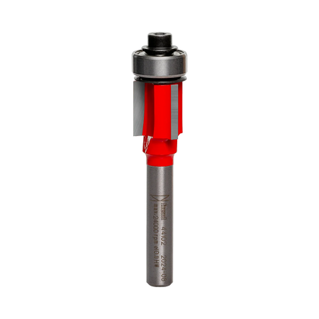 Studio shot of the Freud 44-102 Flush Trim router bit featuring a red Perma-SHIELD body, three carbide flutes, 1/4 inch silver shank, and top ball bearing pilot.