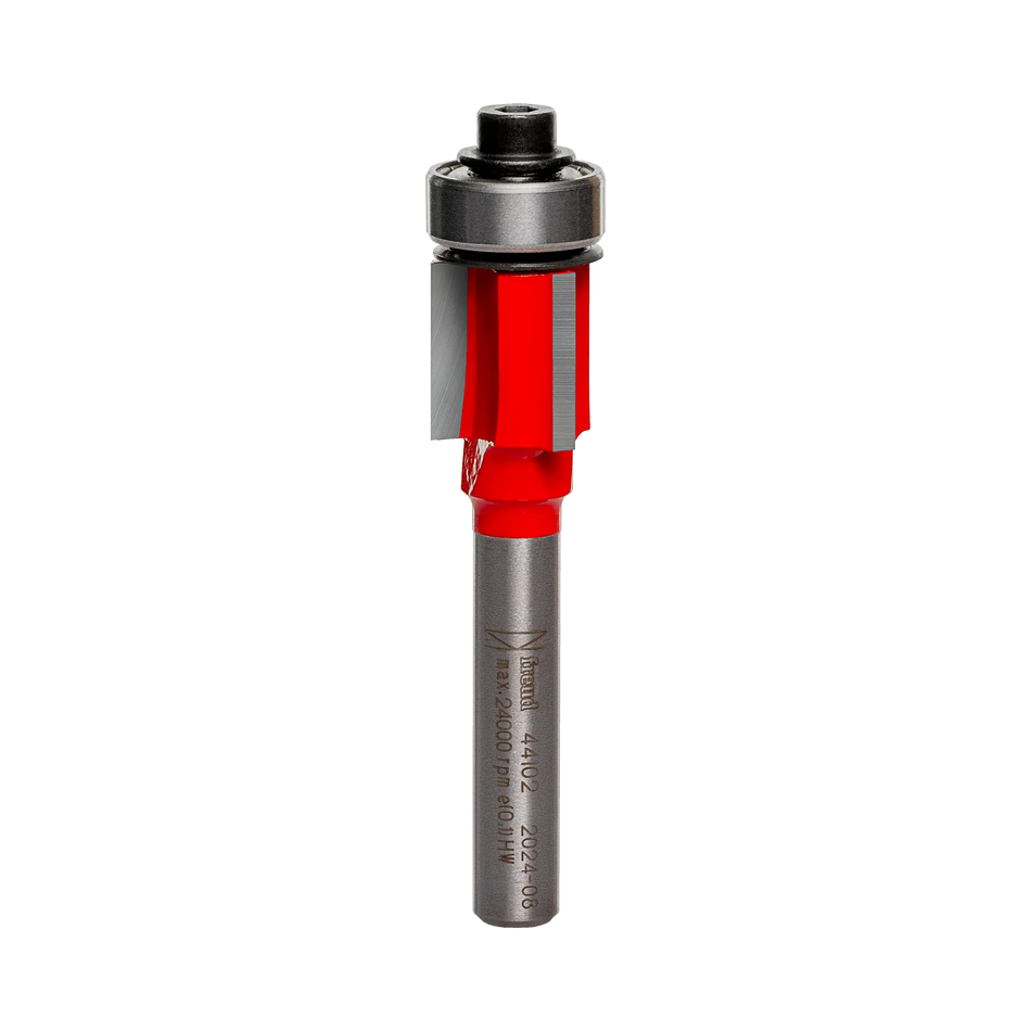 Studio shot of the Freud 44-102 Flush Trim router bit featuring a red Perma-SHIELD body, three carbide flutes, 1/4 inch silver shank, and top ball bearing pilot.