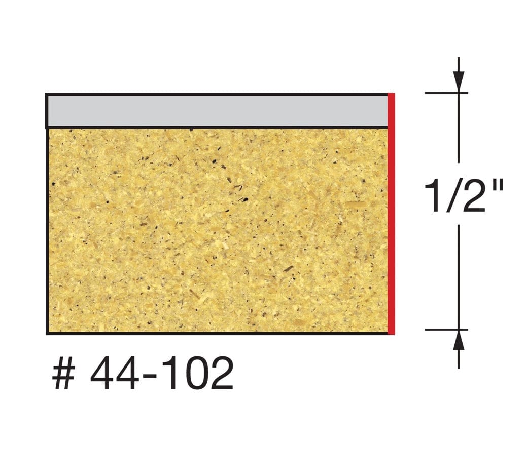 Technical profile diagram illustrating the straight flush trim cut on a laminate edge by the Freud 44-102 bit, specifying a 1/2 inch cutting height.