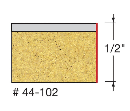 Technical profile diagram illustrating the straight flush trim cut on a laminate edge by the Freud 44-102 bit, specifying a 1/2 inch cutting height.