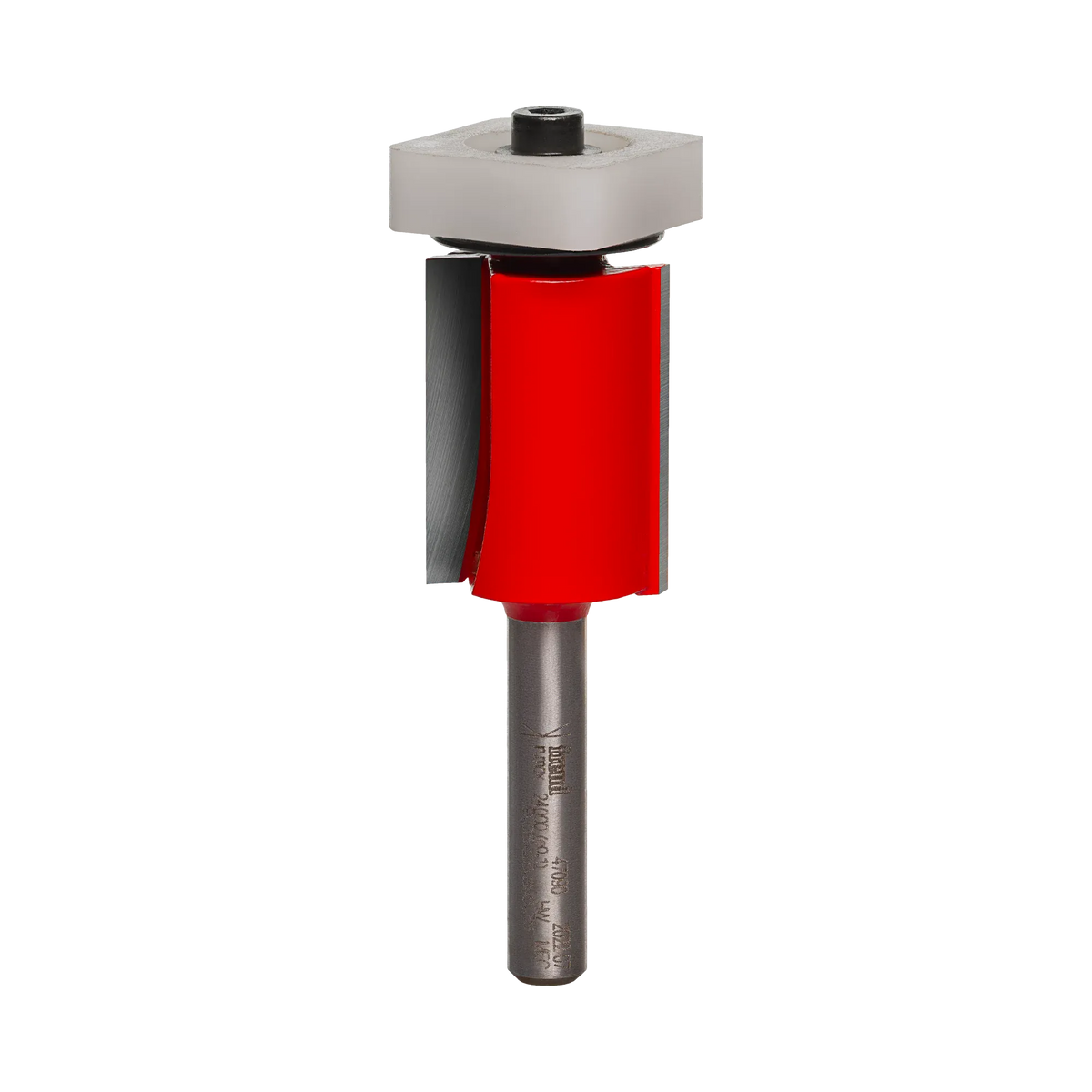 A studio product shot of the Freud 47-090 flush trim router bit, featuring a silver 1/4-inch shank, a vibrant red dual-flute body, and a top-mounted silver pilot bearing.