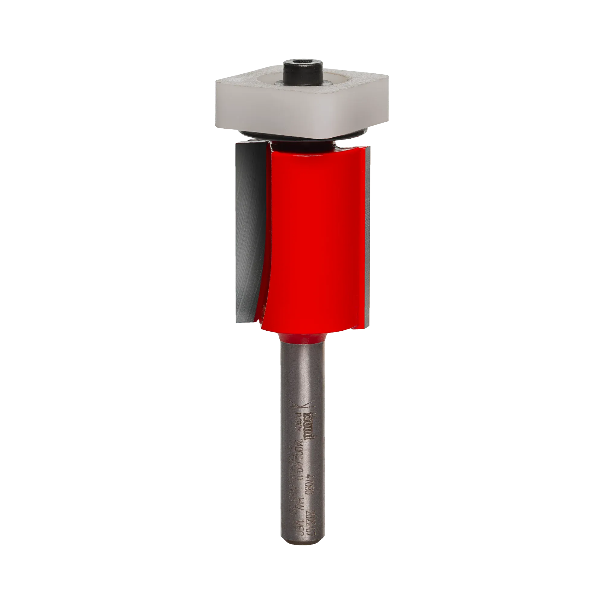 A studio product shot of the Freud 47-090 flush trim router bit, featuring a silver 1/4-inch shank, a vibrant red dual-flute body, and a top-mounted silver pilot bearing.