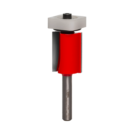 A studio product shot of the Freud 47-090 flush trim router bit, featuring a silver 1/4-inch shank, a vibrant red dual-flute body, and a top-mounted silver pilot bearing.
