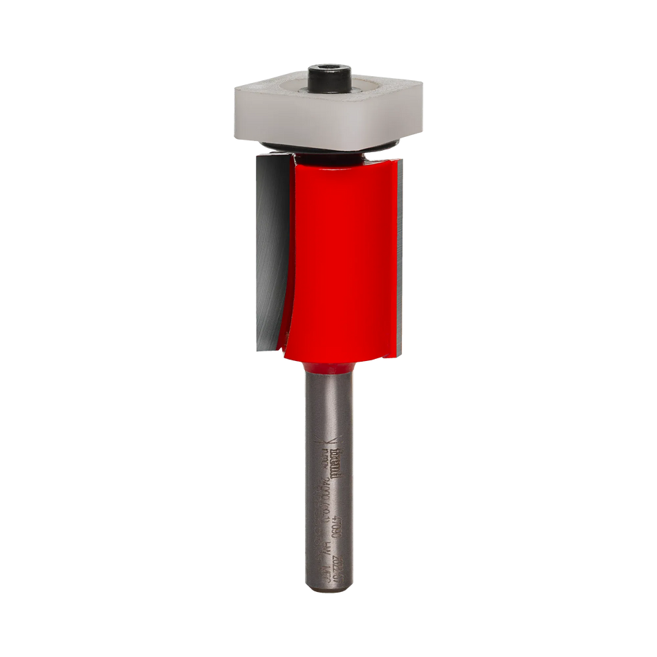 A studio product shot of the Freud 47-090 flush trim router bit, featuring a silver 1/4-inch shank, a vibrant red dual-flute body, and a top-mounted silver pilot bearing.