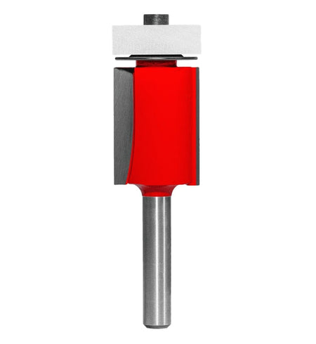 A studio product shot of the Freud 47-090 flush trim router bit, featuring a silver 1/4-inch shank, a vibrant red dual-flute body, and a top-mounted silver pilot bearing.