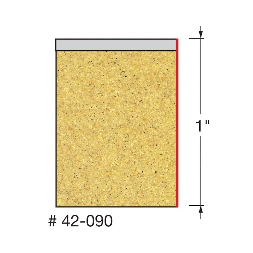 A technical diagram of the Freud 47-090 flush trim bit illustrating the 1-inch carbide cutting height with a red vertical line and arrows indicating measurement points.